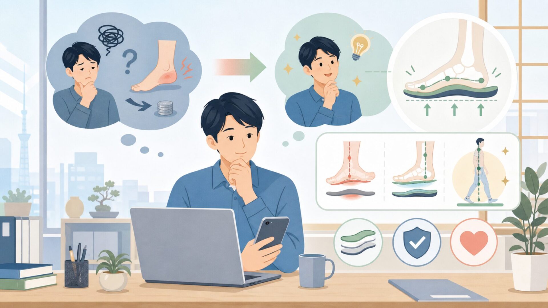足元から健康を支えるSUPERfeetの仕組みを表すイラスト
