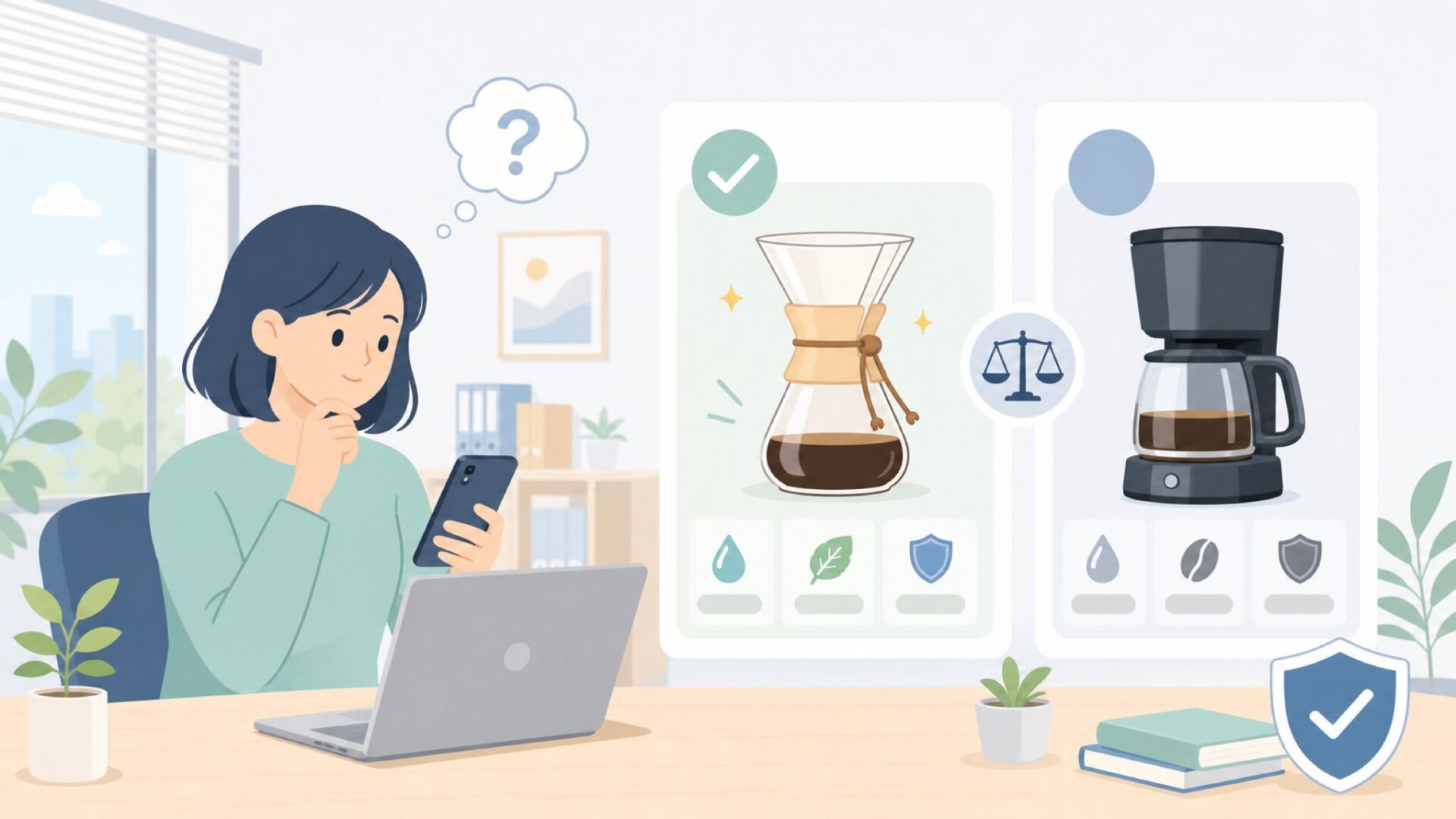 Chemexとは何か?普通のコーヒーメーカーとの違いを表すイラスト