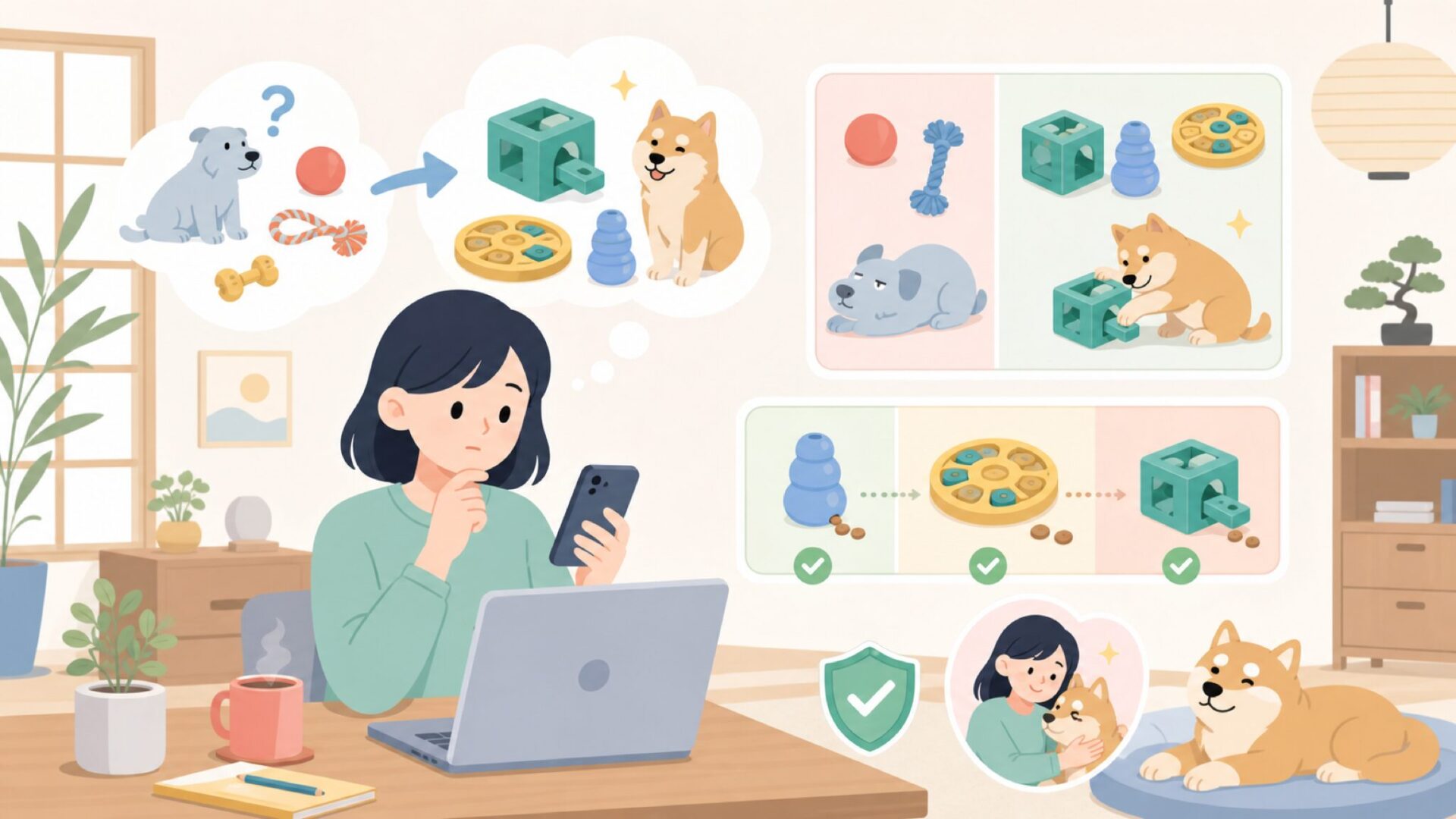 犬用知育玩具とは?普通のおもちゃとの違いとレベル別の特徴を表すイラスト