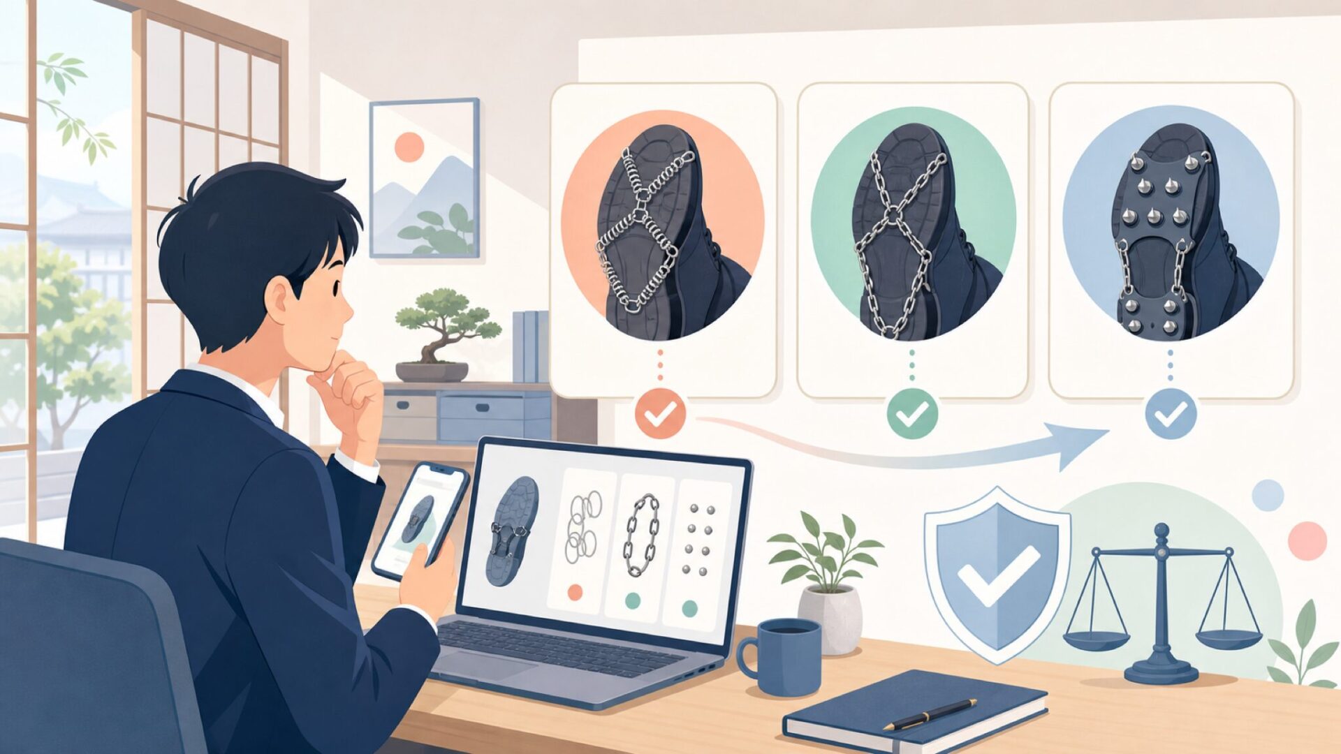 コイル式滑り止めの仕組みと、チェーン式・スパイク式との違いを表すイラスト