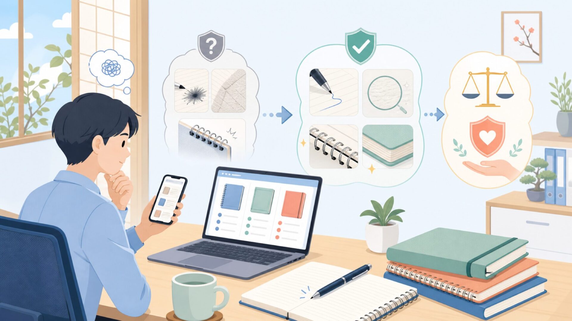 書きやすさの秘密!Rhodiaノートの紙質・作りの特徴を表すイラスト