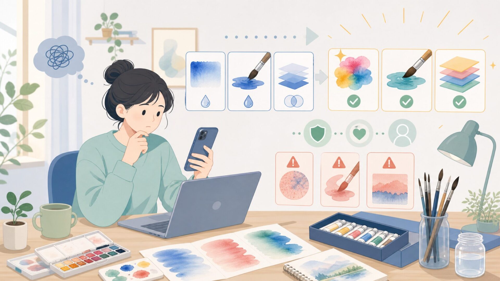 セヌリエ透明水彩の特徴|発色・溶けやすさ・重ね塗りとの相性を表すイラスト