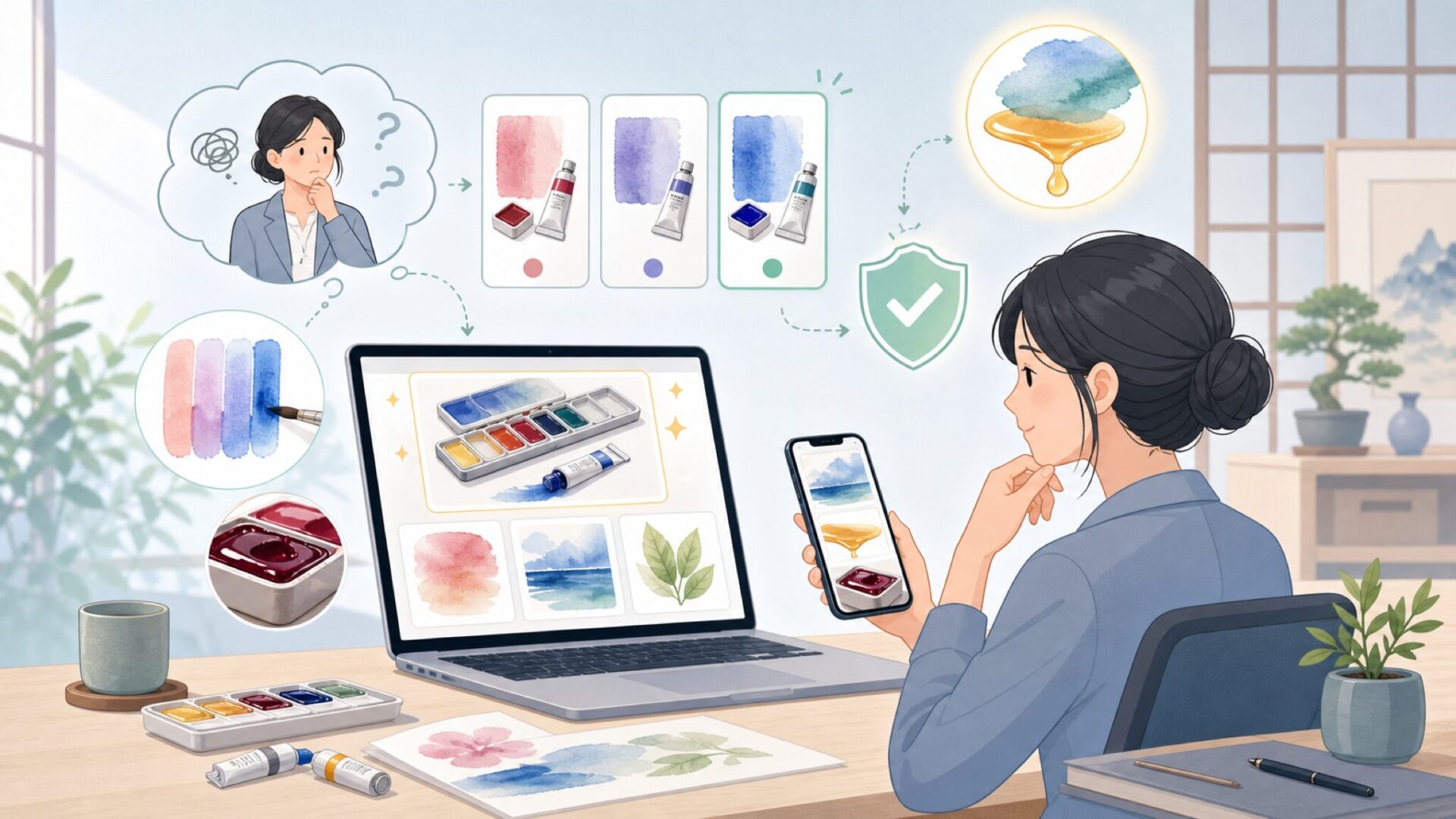M.グラハム透明水彩絵具ならではの特徴を表すイラスト