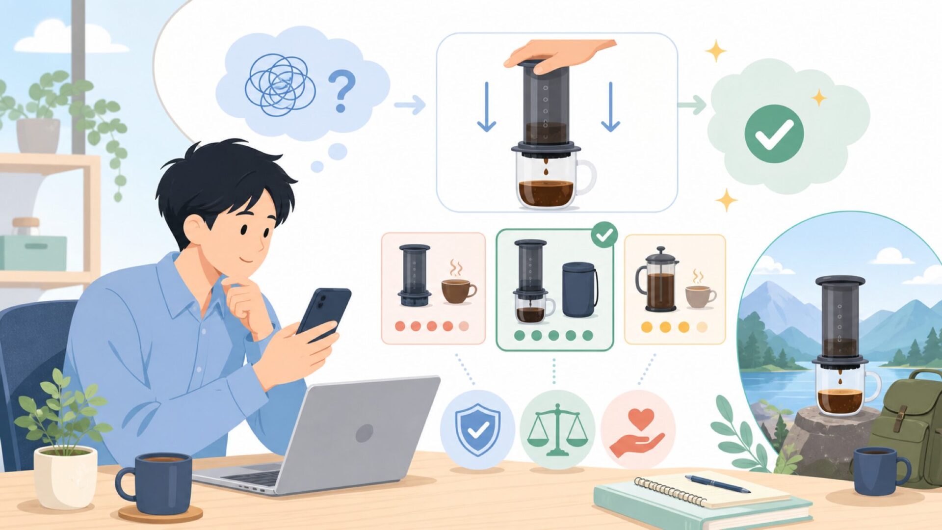 コーヒーメーカーとしてのAeroPressの特徴と仕組みを表すイラスト