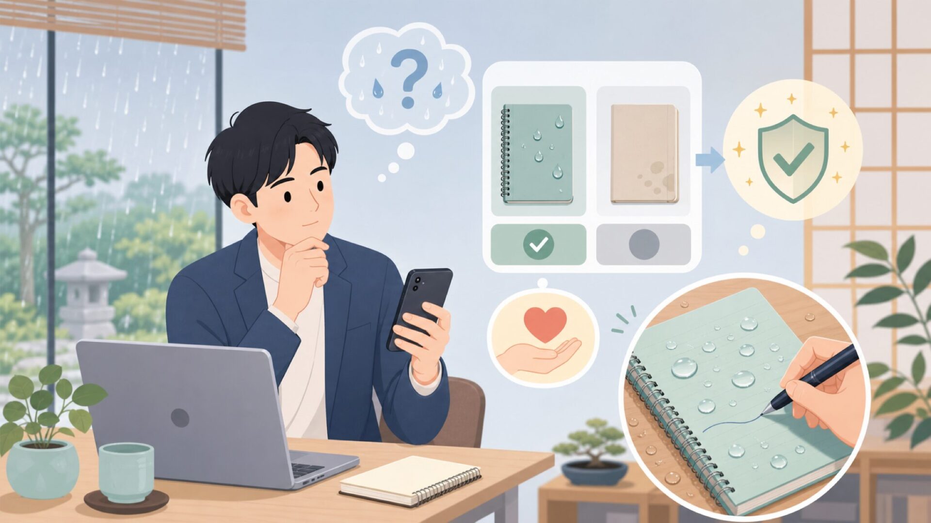 防水ノートとしての実力は?雨でも書ける仕組みを表すイラスト