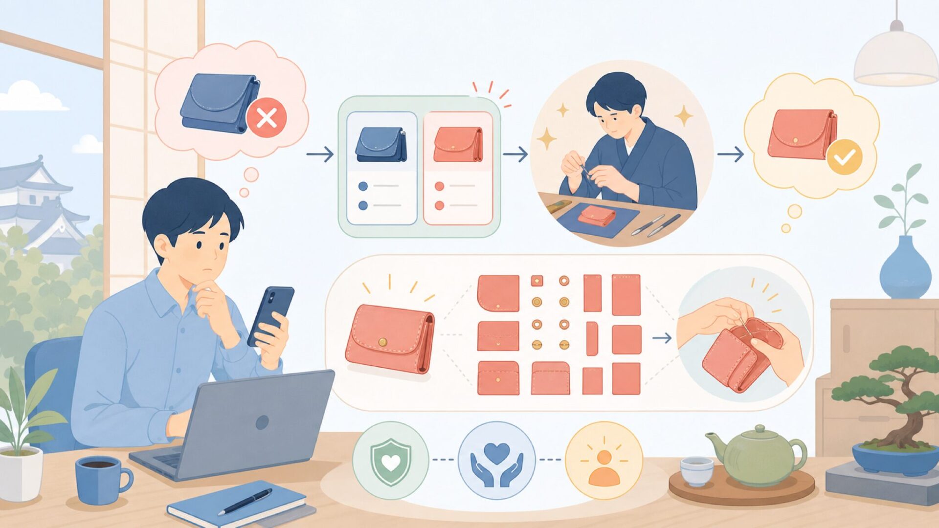 価格が高いと感じる理由——12パーツを手組みする職人技を表すイラスト