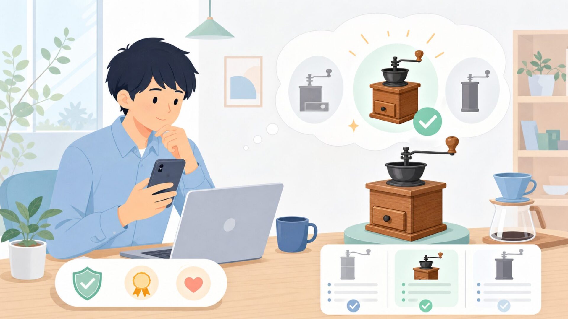 木製コーヒーミルと代表モデル「ブラジリア」の実力を表すイラスト