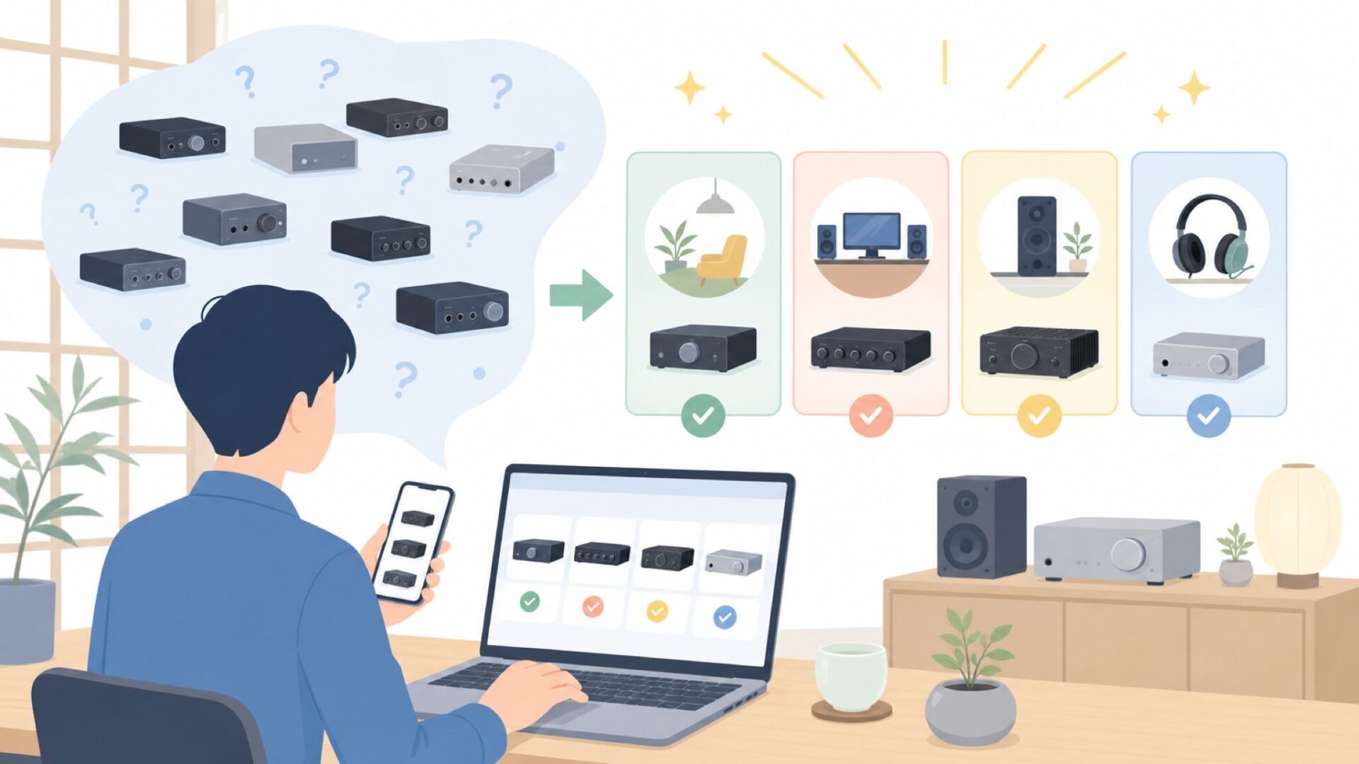 Fosi Audioが手がけるアンプのラインナップと特徴を表すイラスト
