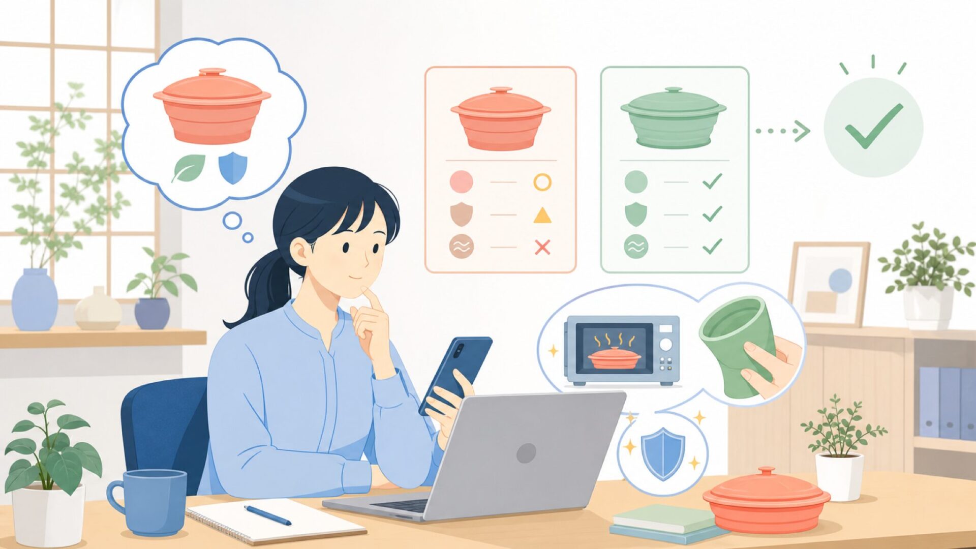 シリコンスチーマーの素材と安全性を表すイラスト
