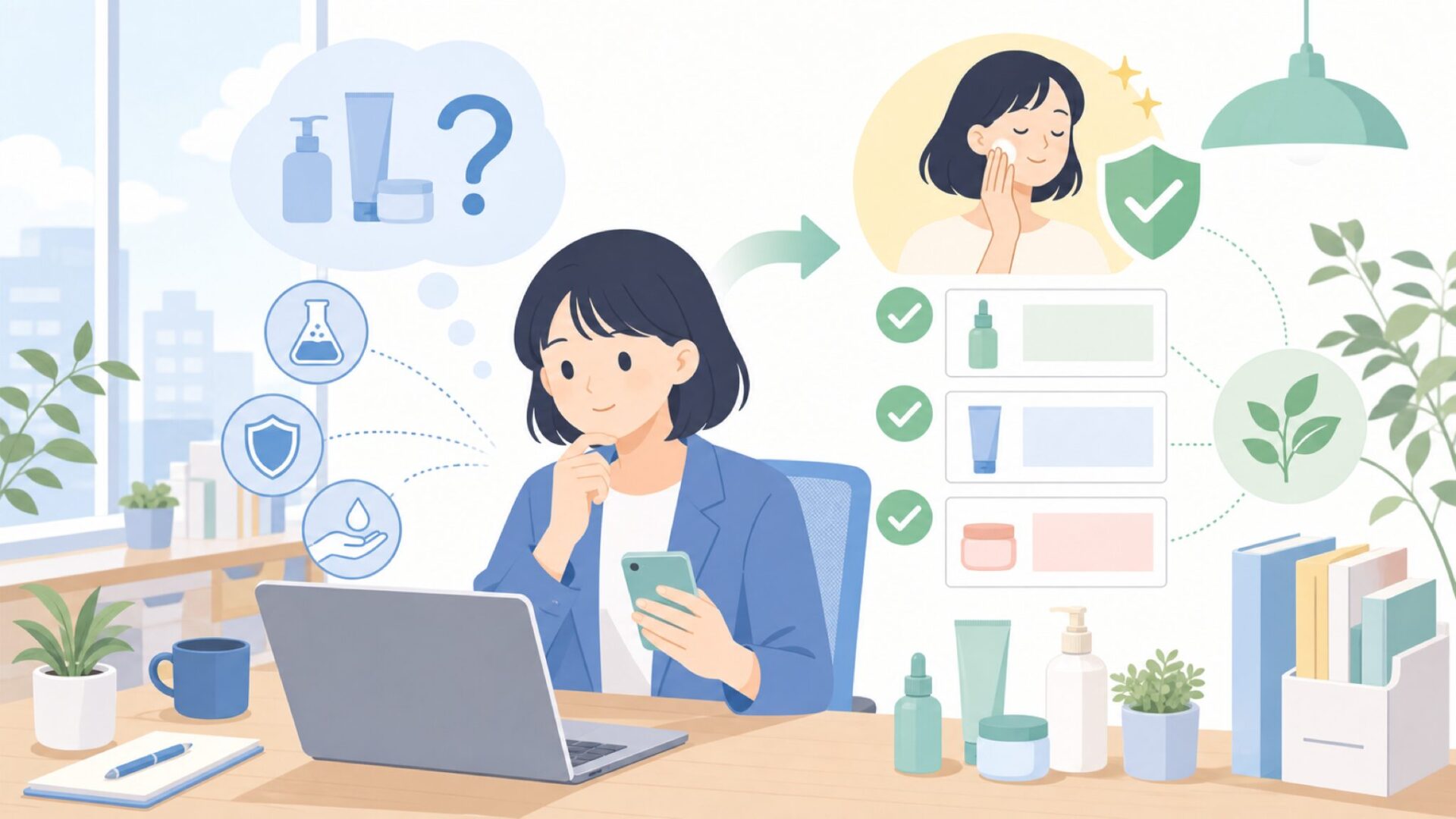 肌に使っても大丈夫？——信頼性の根拠を一つひとつ確認するを表すイラスト