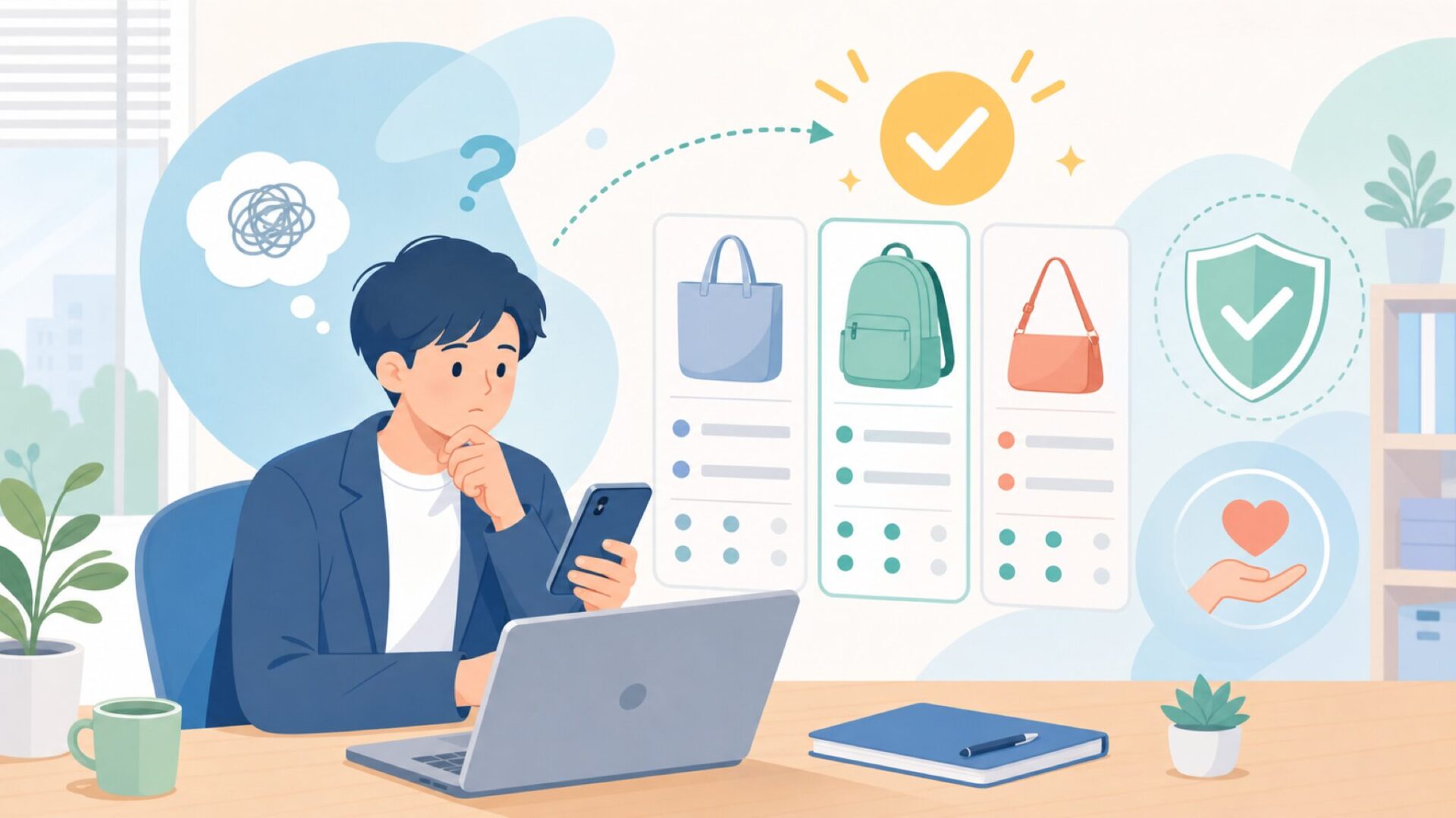 商品ラインナップと機能性—デザインだけじゃない実用面をチェックを表すイラスト