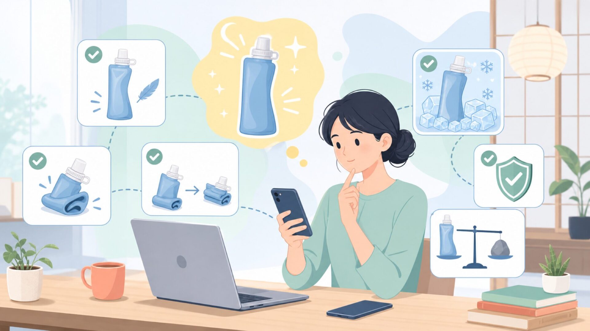 Vapur折りたたみボトルの実用性を徹底チェックを表すイラスト