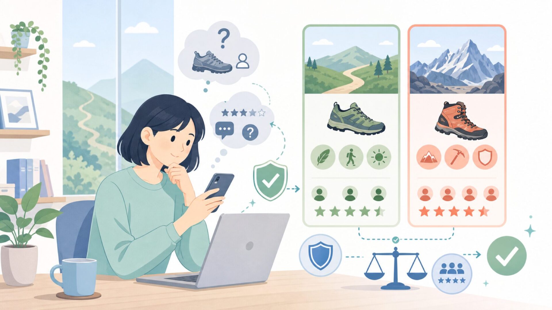 低山ハイキングと本格登山、NORTIV8はどちらに向く?口コミの見極め方を表すイラスト