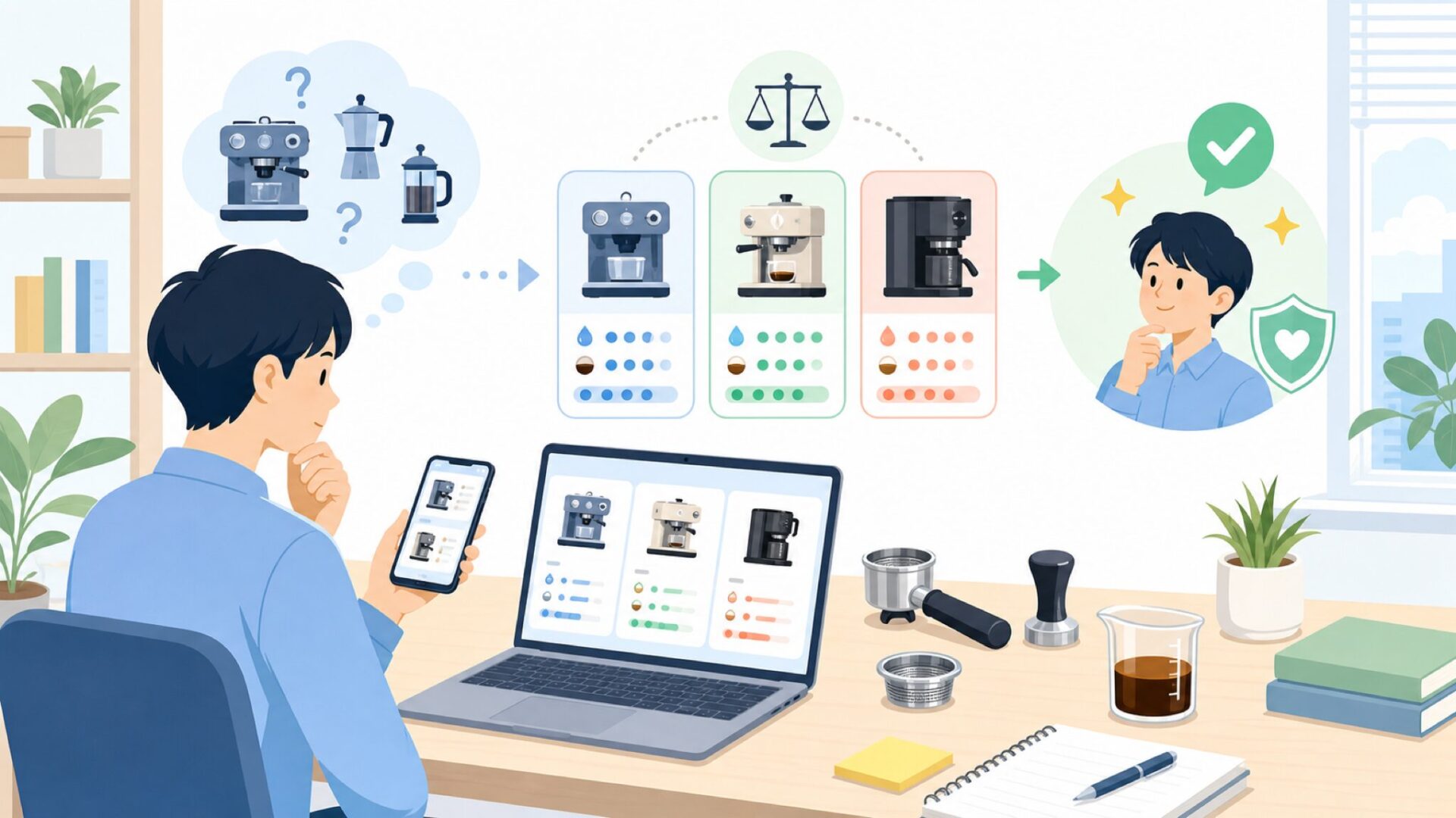 エスプレッソメーカーの仕組みを知れば選び方が見えるを表すイラスト