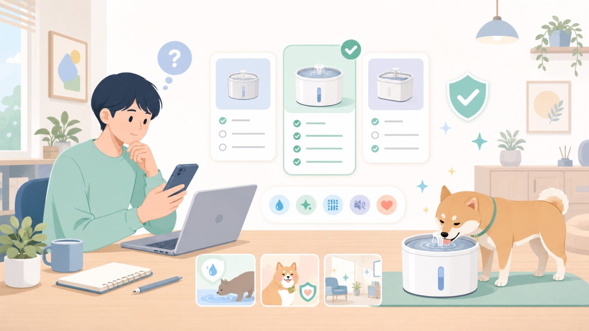 Homerunpet自動給水器（ペットウォーターファウンテンPro）の特徴とスペックを表すイラスト