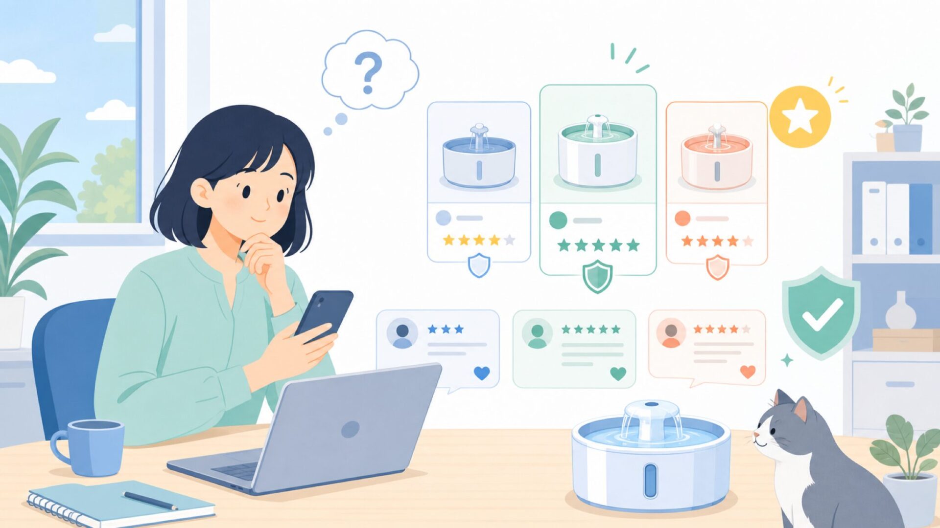uahpet自動給水器の口コミ・レビューを徹底チェックを表すイラスト