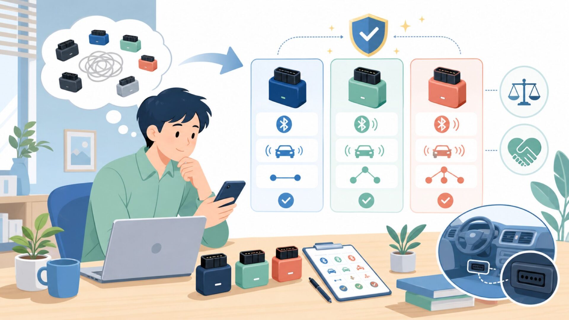 Veepeak OBD2のラインナップ比較 BLE・BLE+・VS Plusの違いを表すイラスト