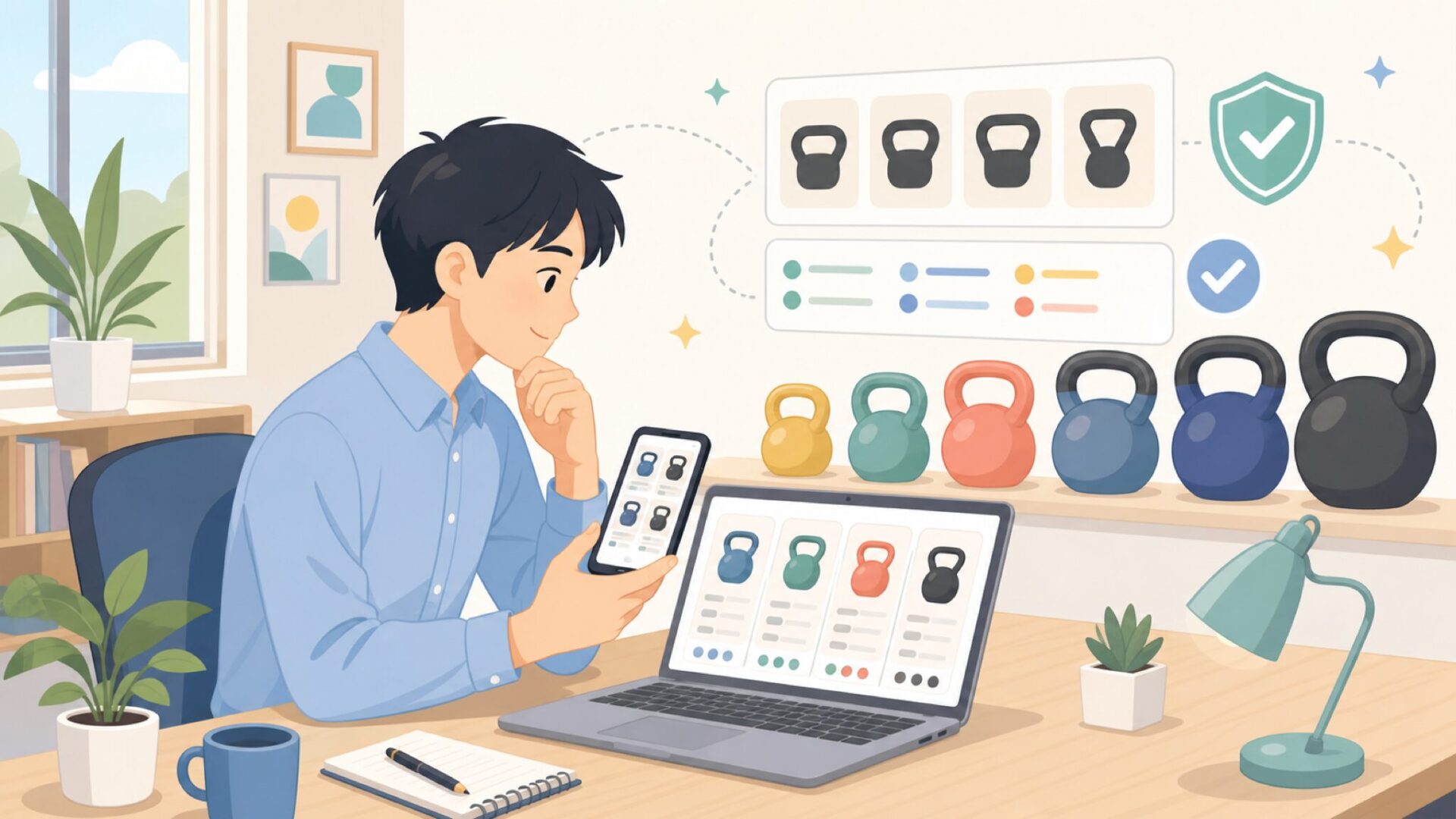 Yes4Allケトルベルの商品ラインナップと基本スペックを表すイラスト