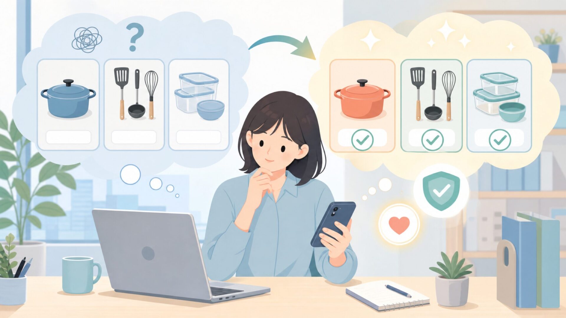 代表的なキッチン用品とその特徴を表すイラスト