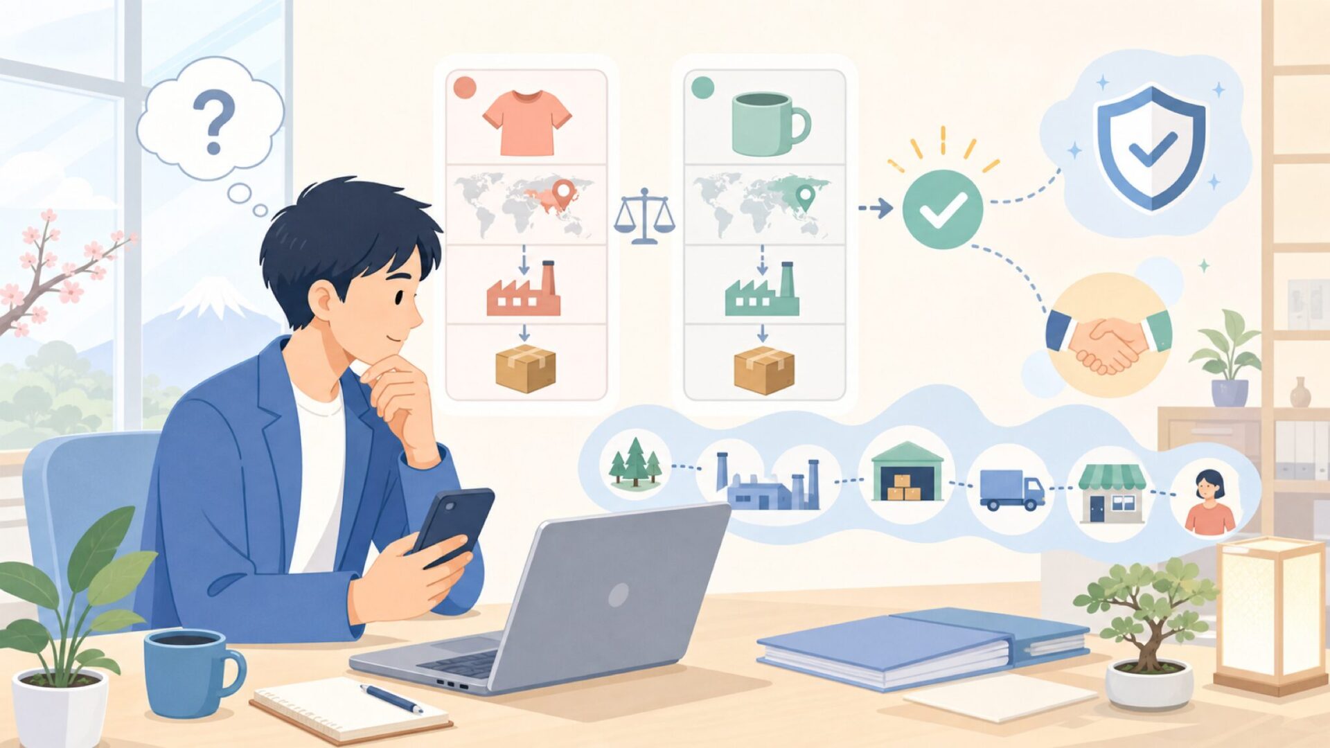 製造国とサプライチェーンからブランドを見極めるを表すイラスト