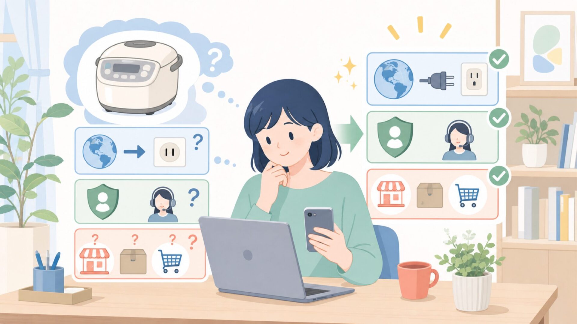 日本で使うときに確認したい電圧・保証・購入先を表すイラスト