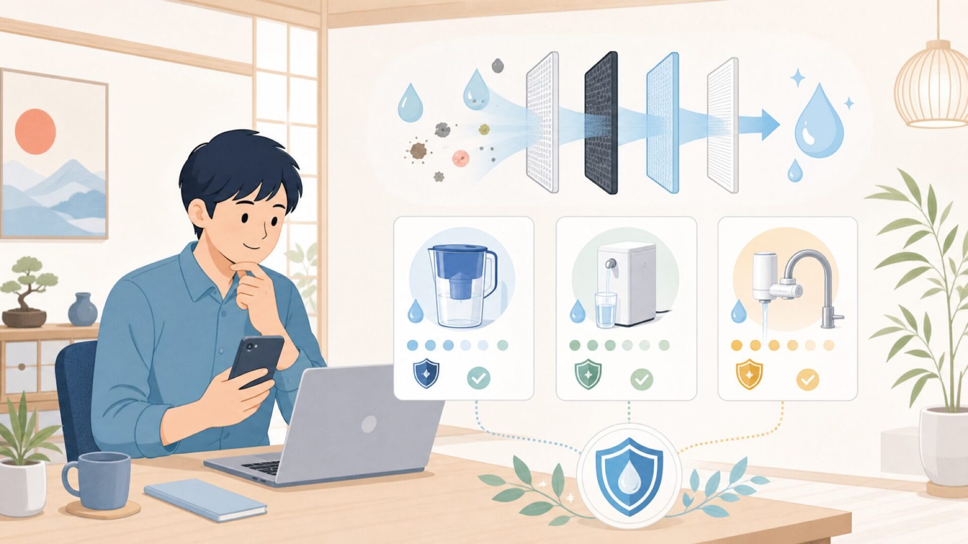 Waterdrop浄水器のろ過方式と製品ラインナップを表すイラスト