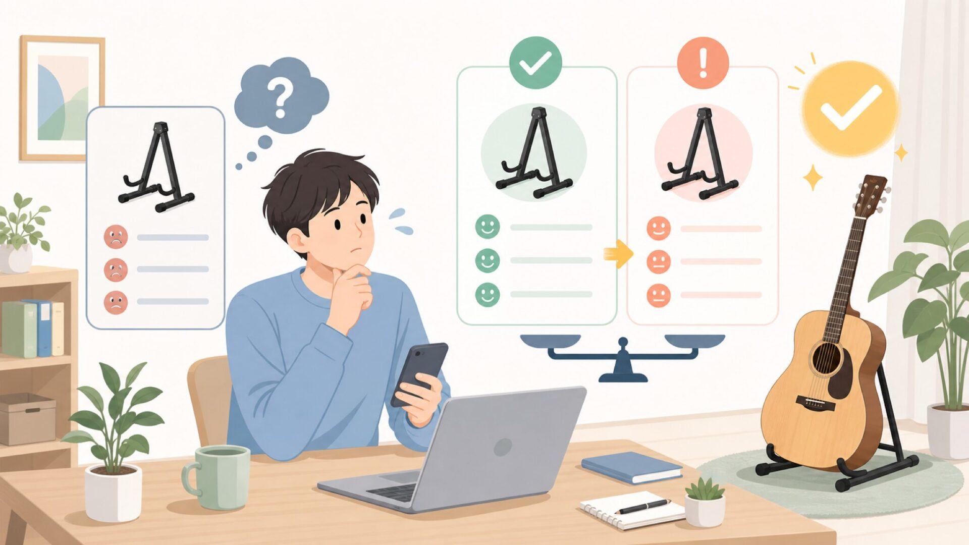 CAHAYAギタースタンドの評判は実際どうなのかを表すイラスト