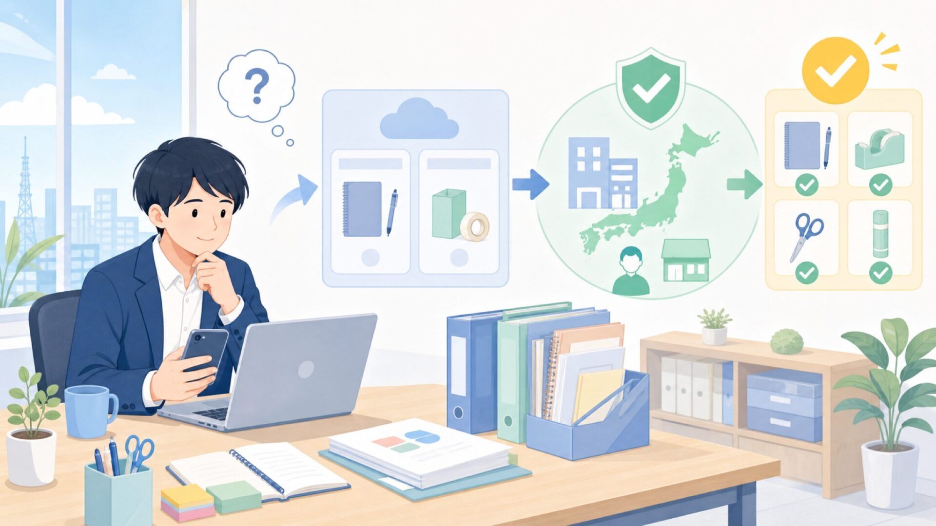 日本で「Deli文房具」を安心して使える理由——DELIジャパンの設立を表すイラスト