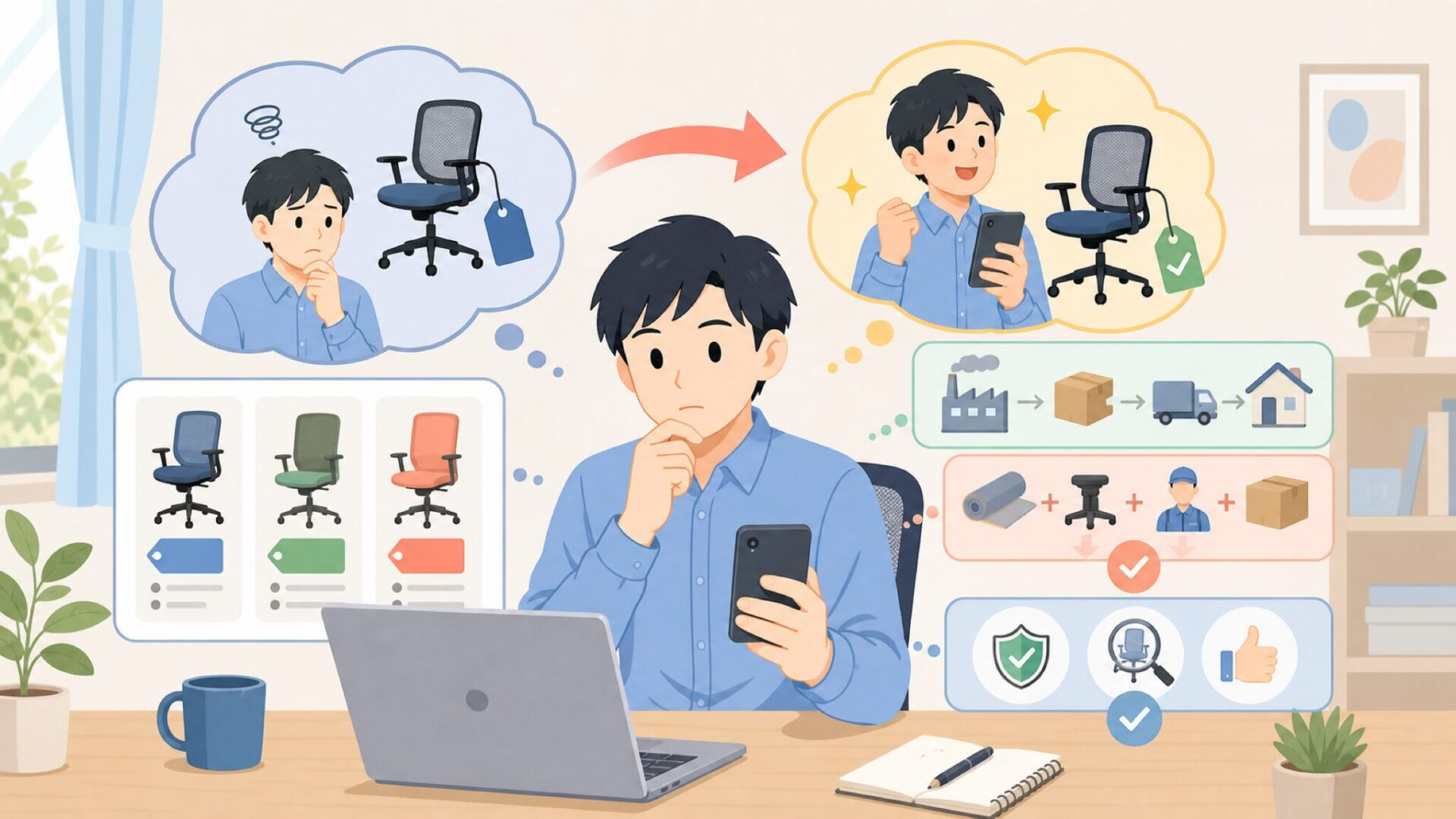 なぜこの価格で買えるのか、安さの理由を確認するを表すイラスト