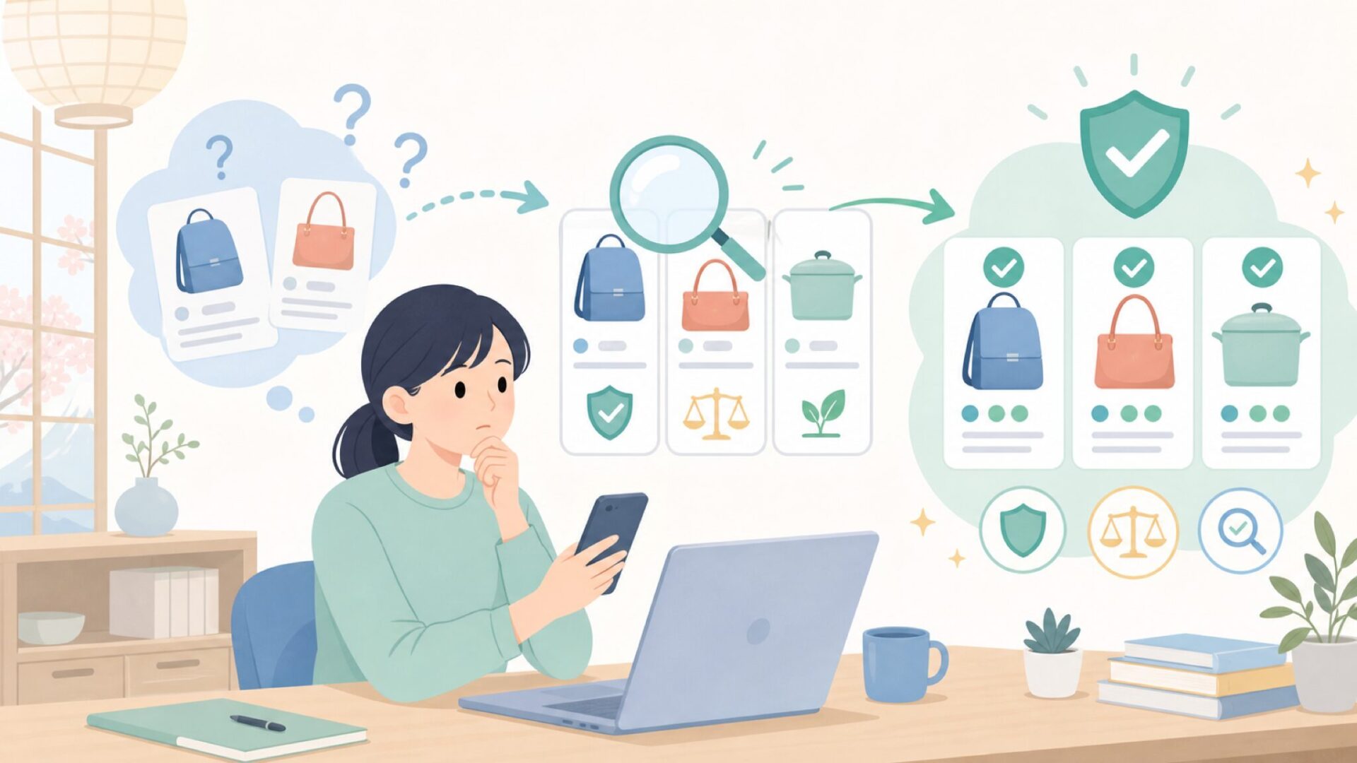 商品説明だけでは見えない信頼性チェックのポイントを表すイラスト