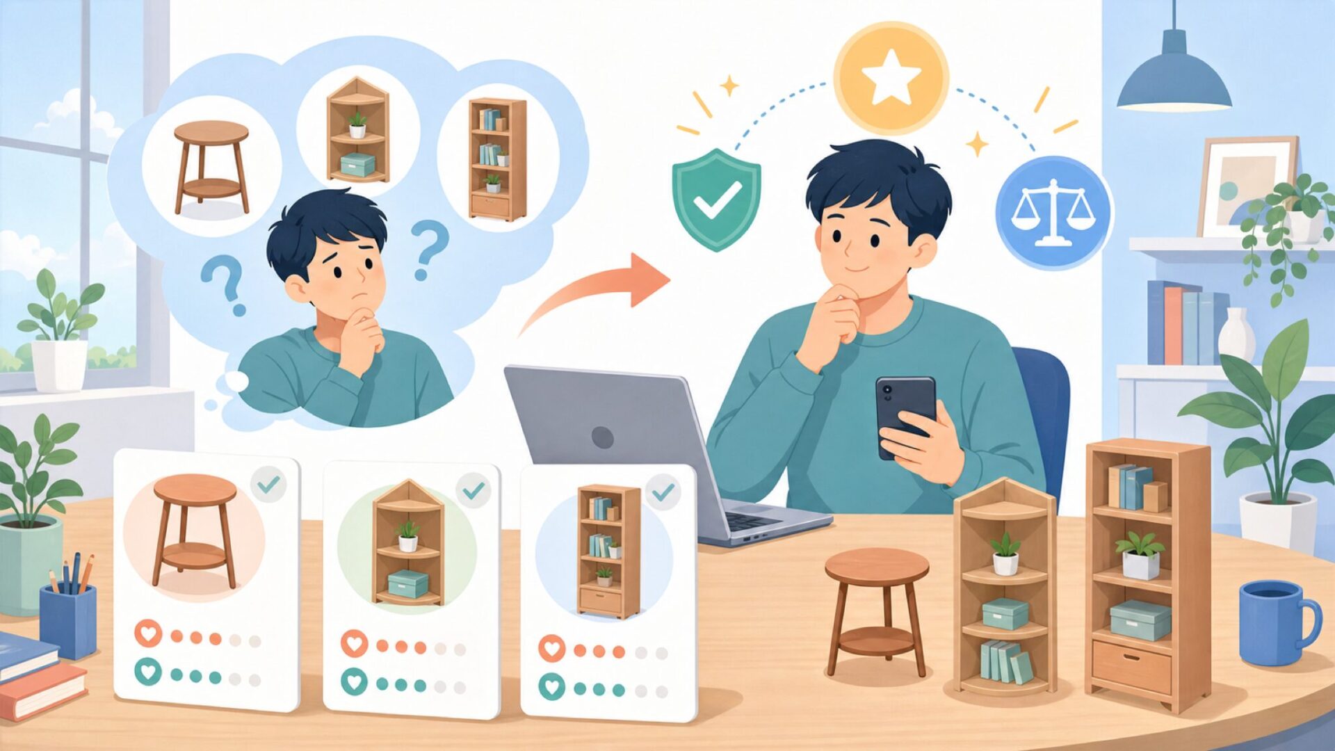 Furinnoの代表商品3選——サイドテーブル・コーナーシェルフ・本棚を表すイラスト