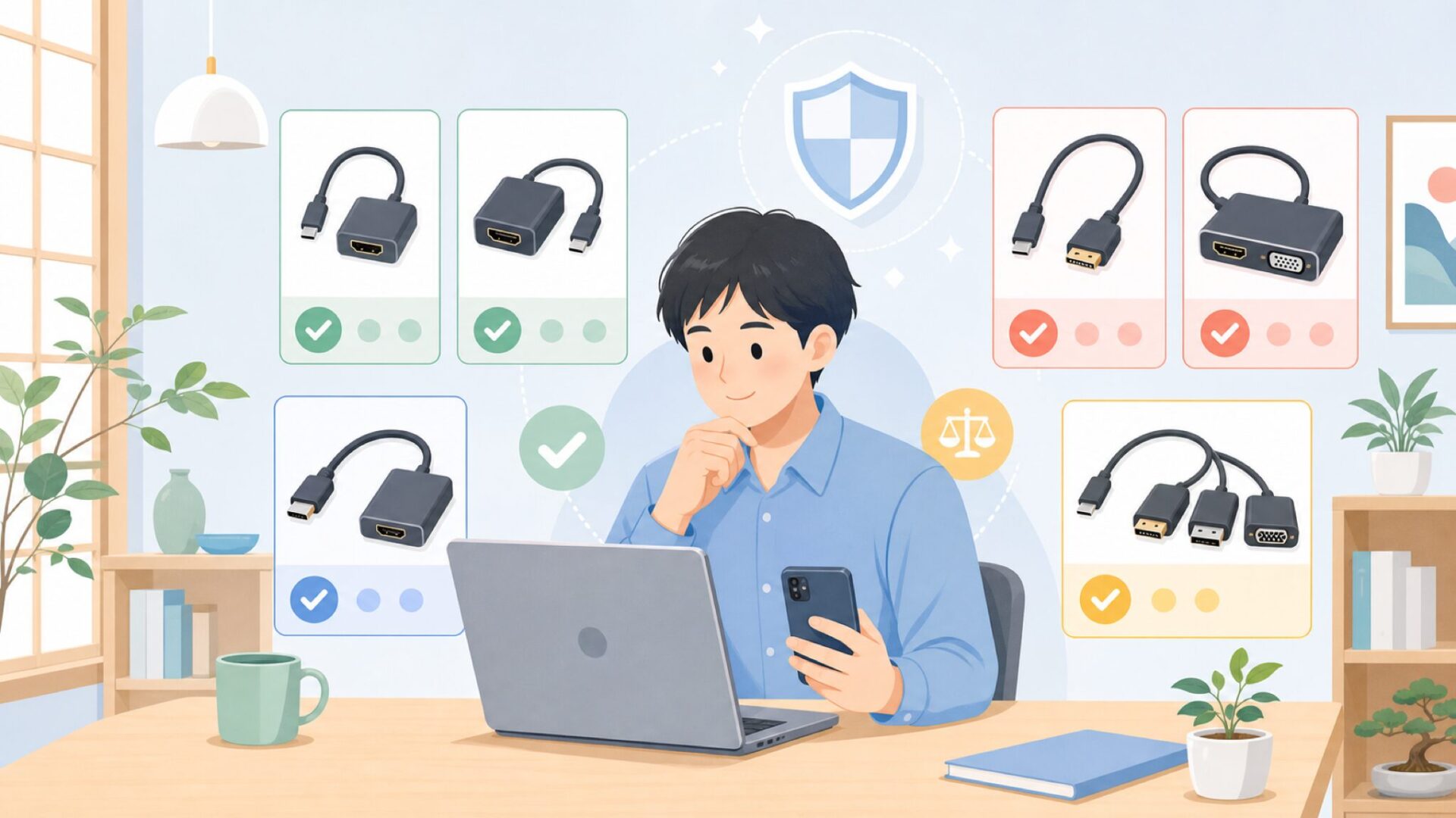 HDMIアダプタ・変換ケーブルのラインナップと特徴を表すイラスト