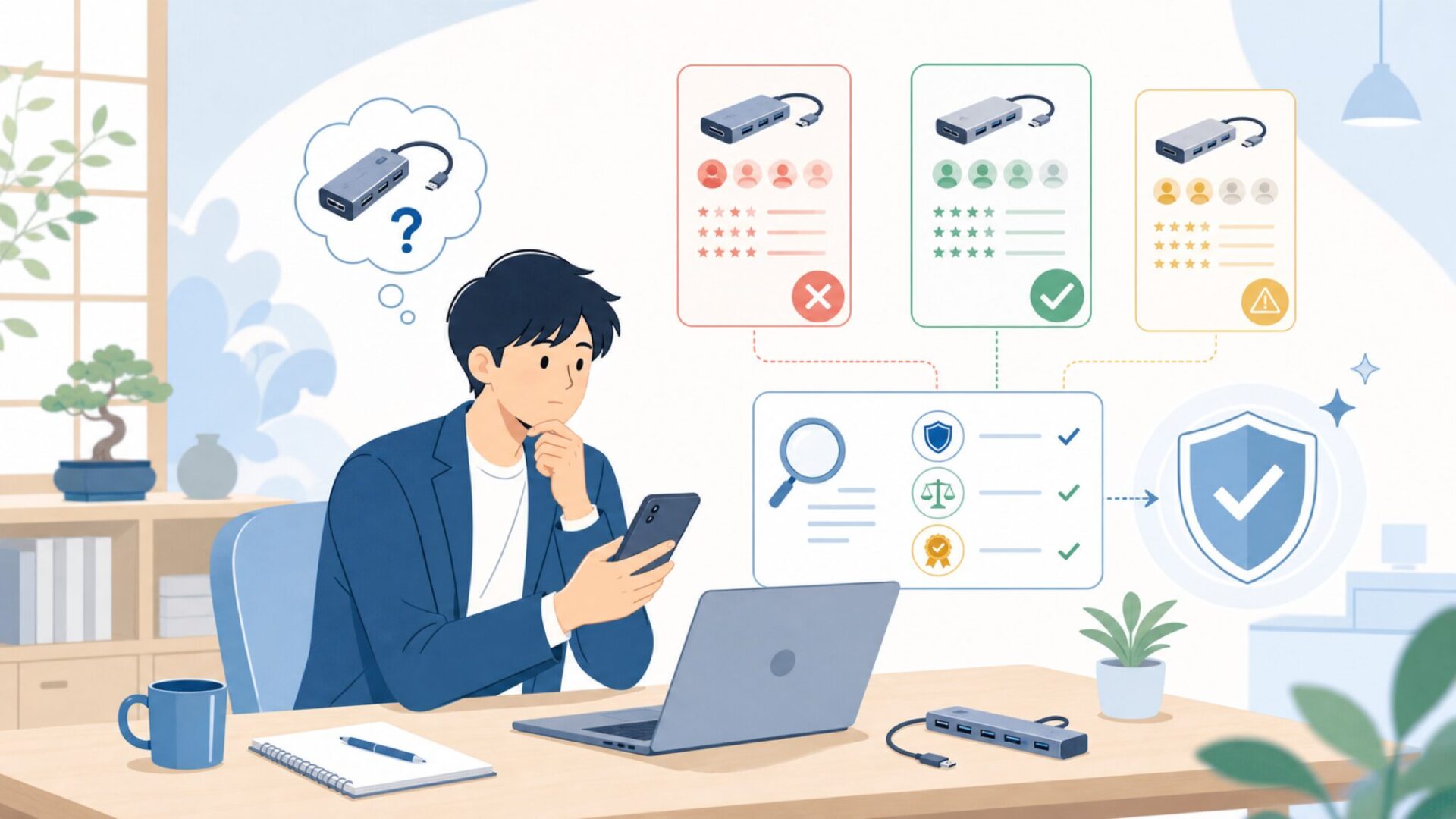 GiGimundo USBハブの信頼性を見極めるポイントを表すイラスト