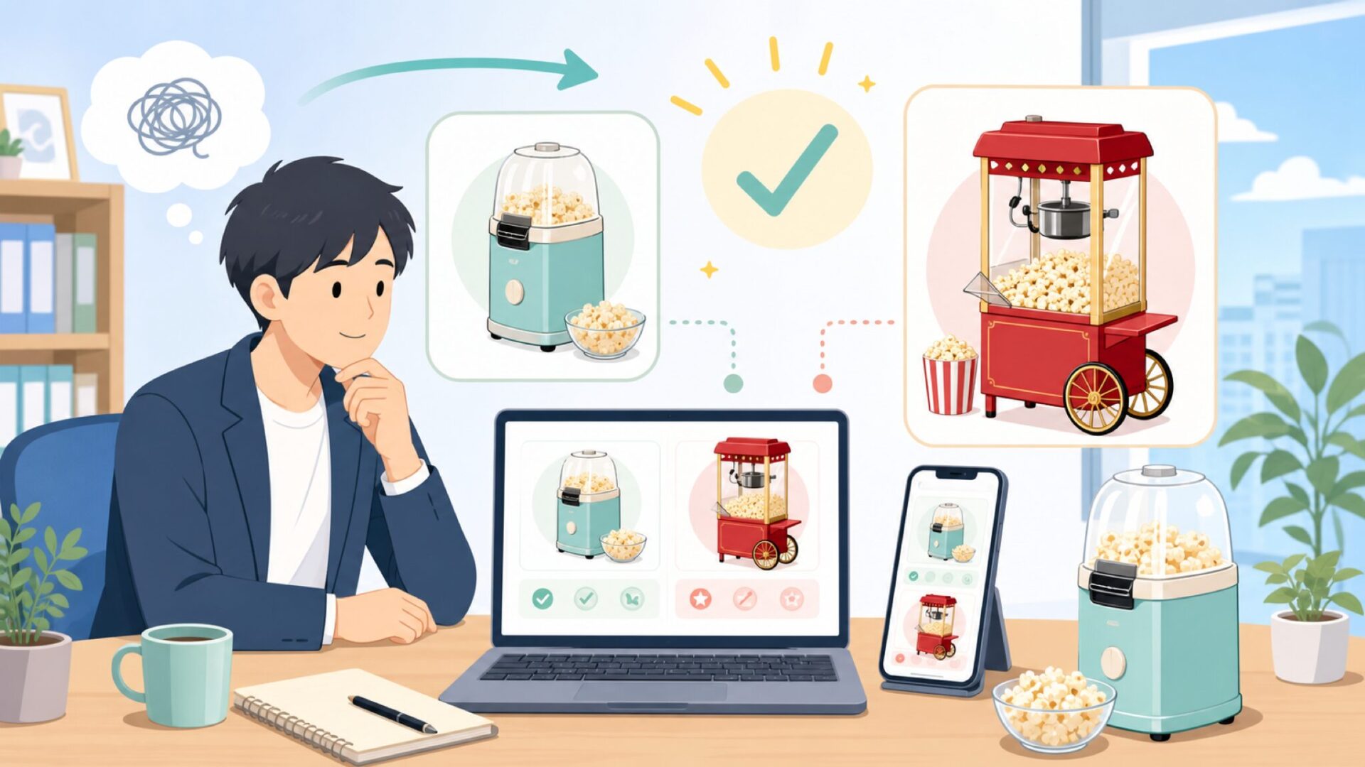 Nostalgiaのポップコーンメーカーの特徴と代表的な型番を表すイラスト