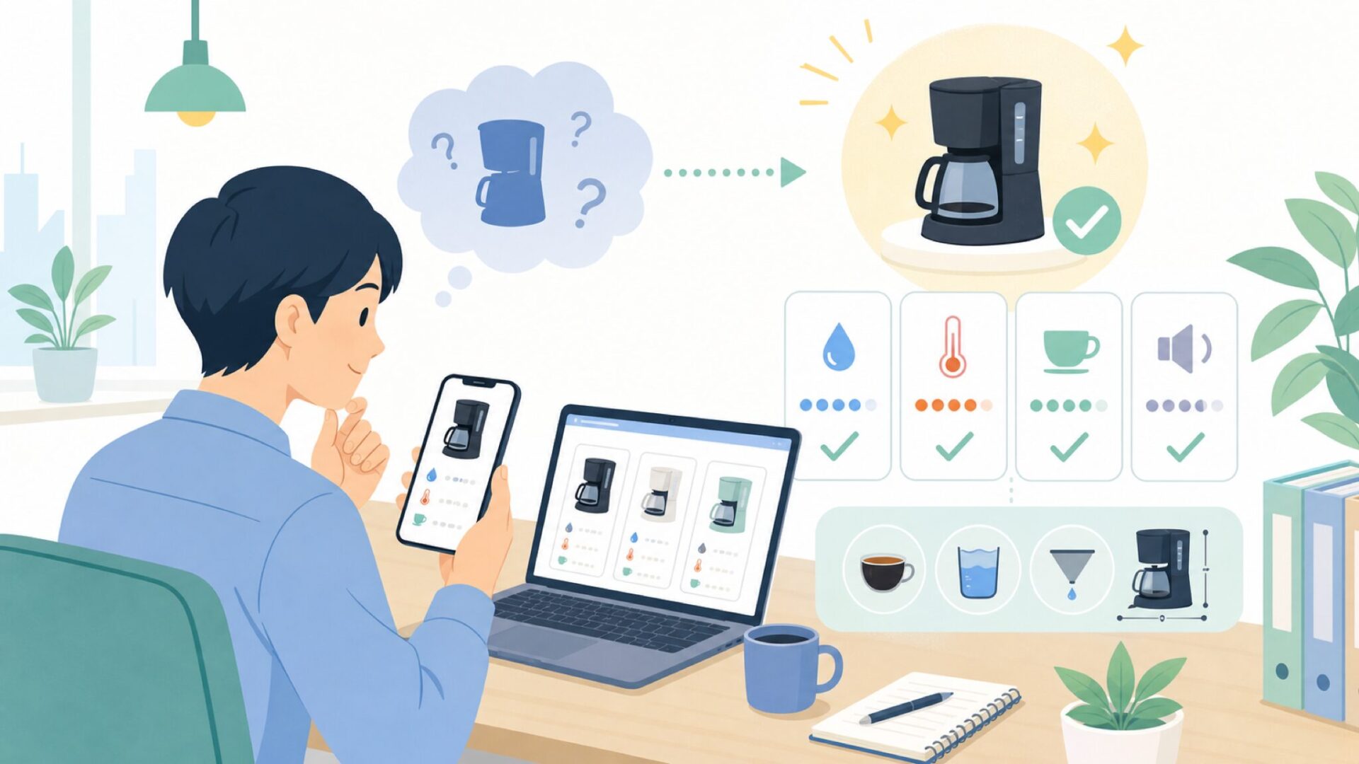 CHULUXコーヒーメーカーの商品特徴とスペックを確認を表すイラスト