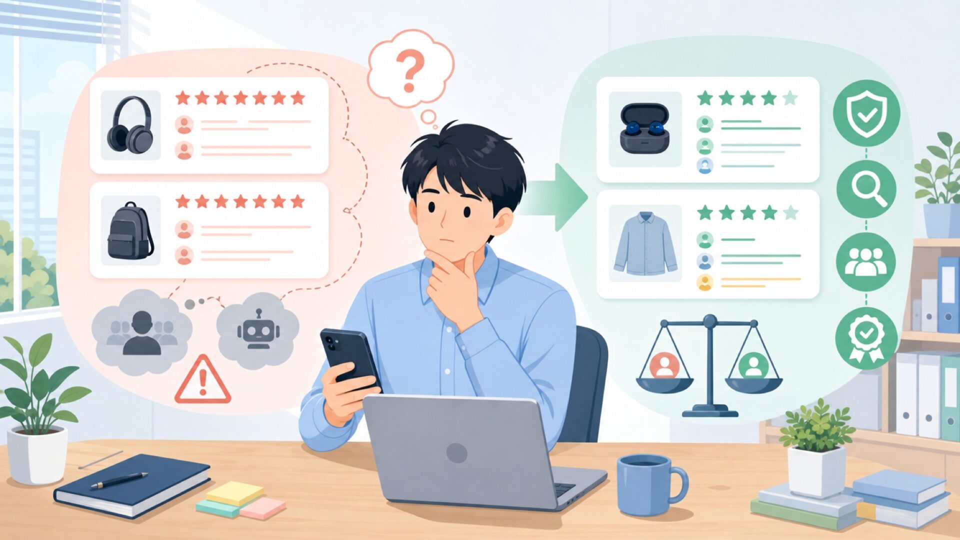 「安いのに大丈夫？」レビューとサクラ疑惑を冷静に見極めるを表すイラスト