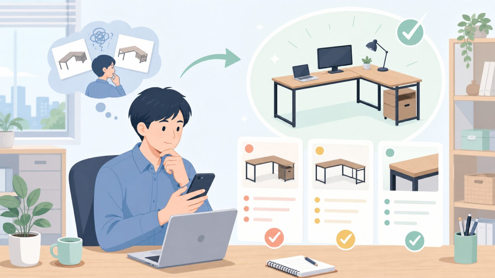 Bestier L字デスクの機能・特長を徹底チェックを表すイラスト
