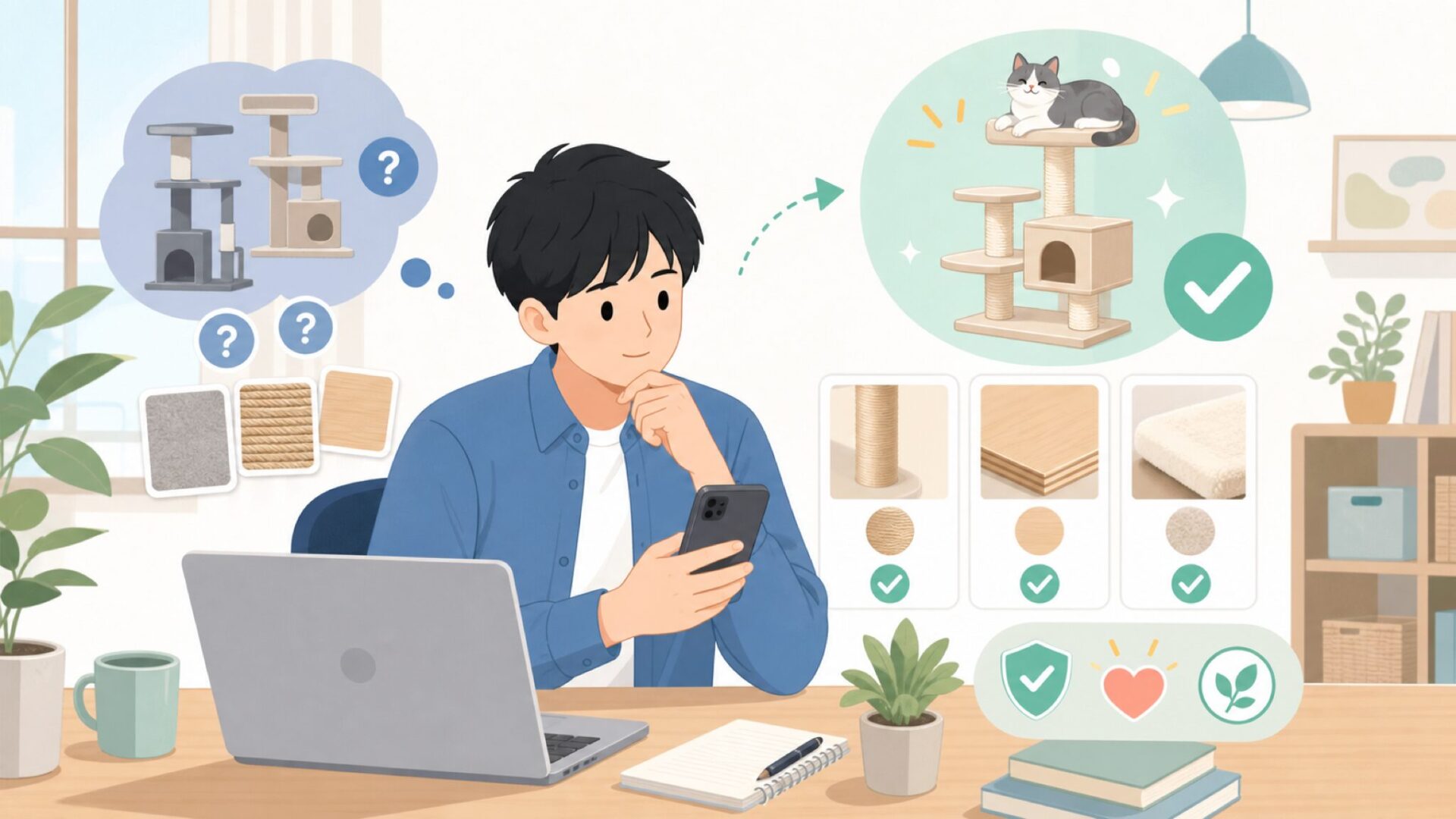 BestPetキャットタワーの安全性を素材・認証から確認するを表すイラスト