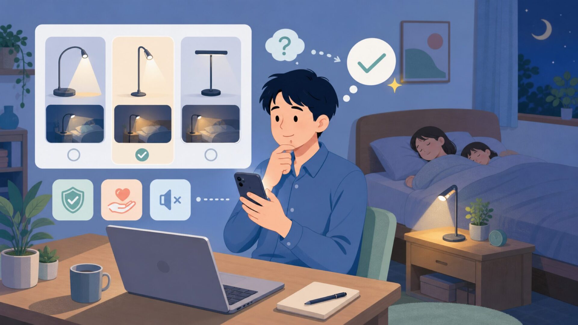 家族を起こさず読書できる？ベッドサイドでの使い心地を検証を表すイラスト