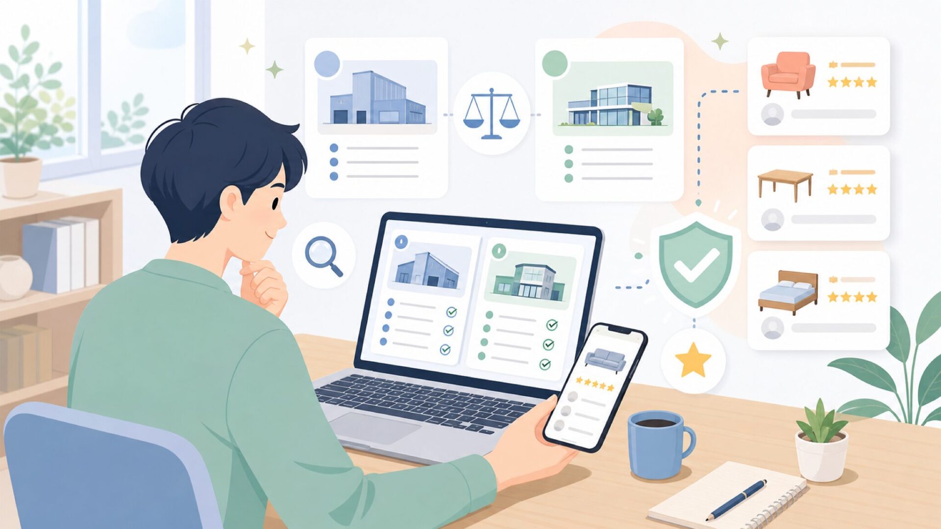 WLIVEは家具メーカーとして信頼できる？企業情報と評価をチェックを表すイラスト