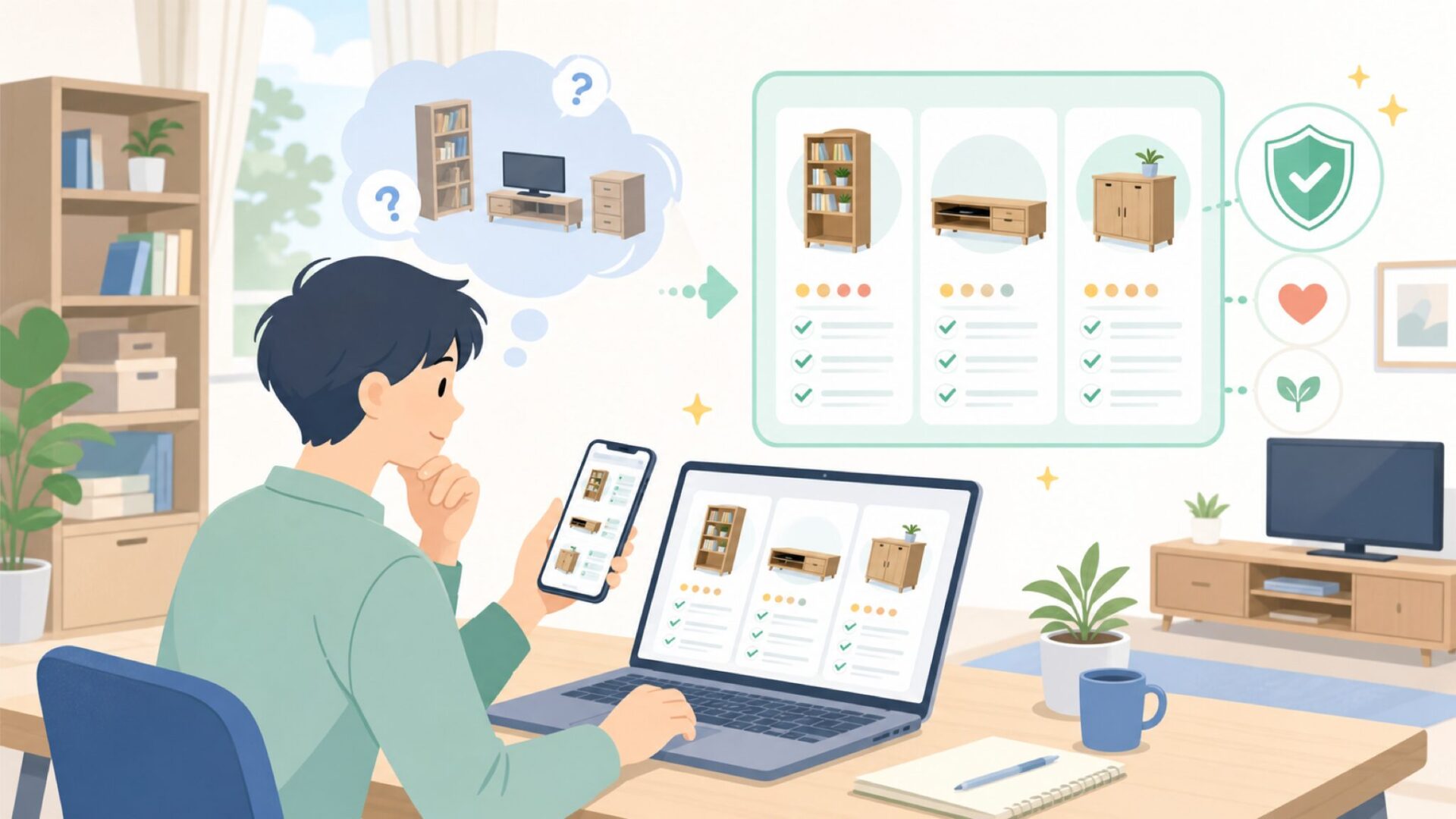 商品ラインナップとスペックの特徴(本棚・テレビ台・収納家具)を表すイラスト