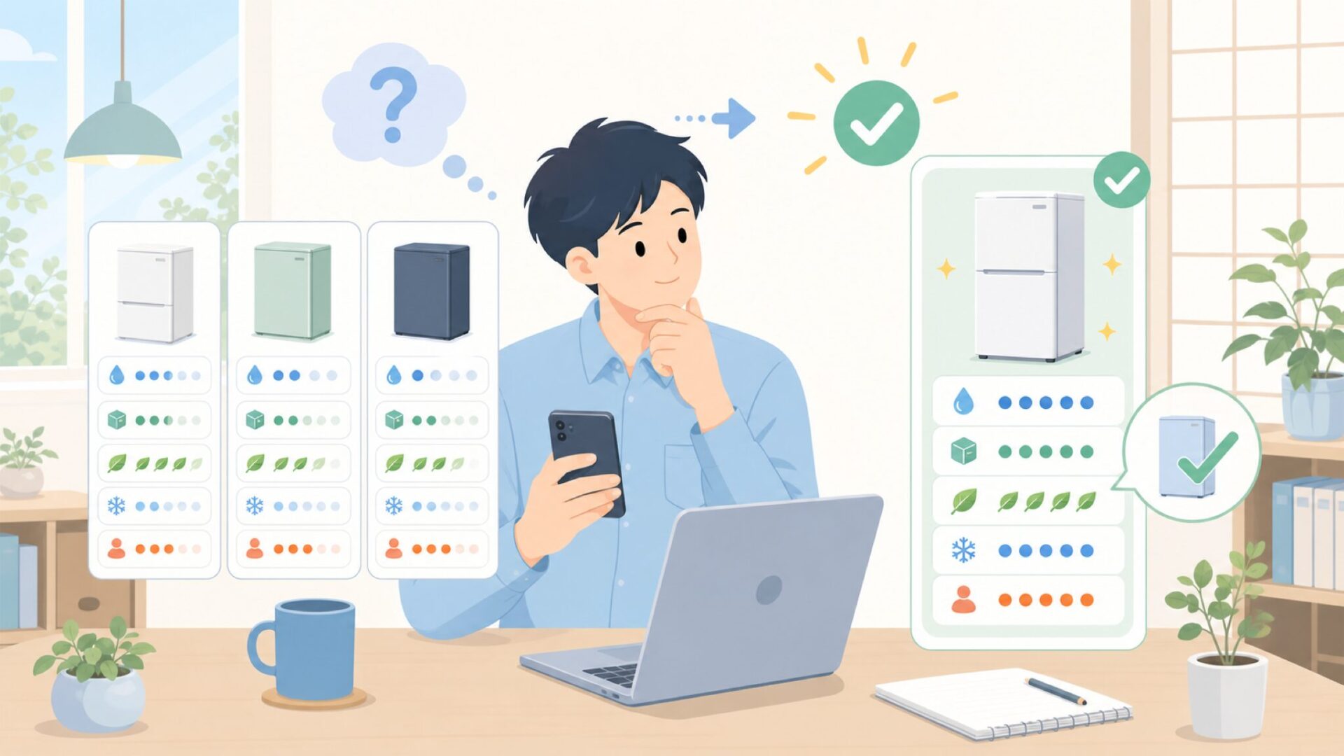 Kismile小型冷蔵庫のスペックを徹底チェックを表すイラスト