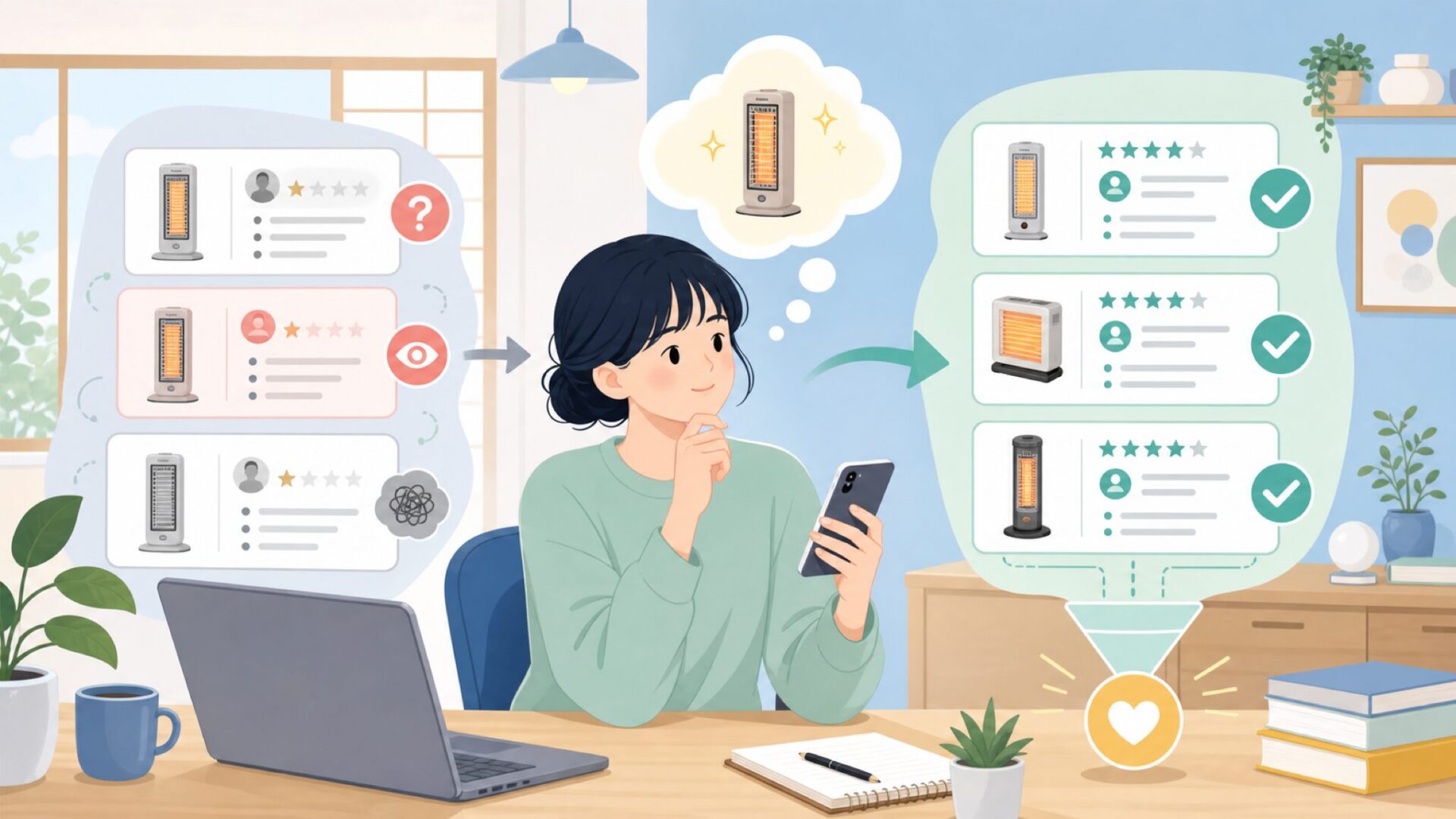 APIXヒーターの口コミは信用できる？サクラレビューの不安を解消を表すイラスト