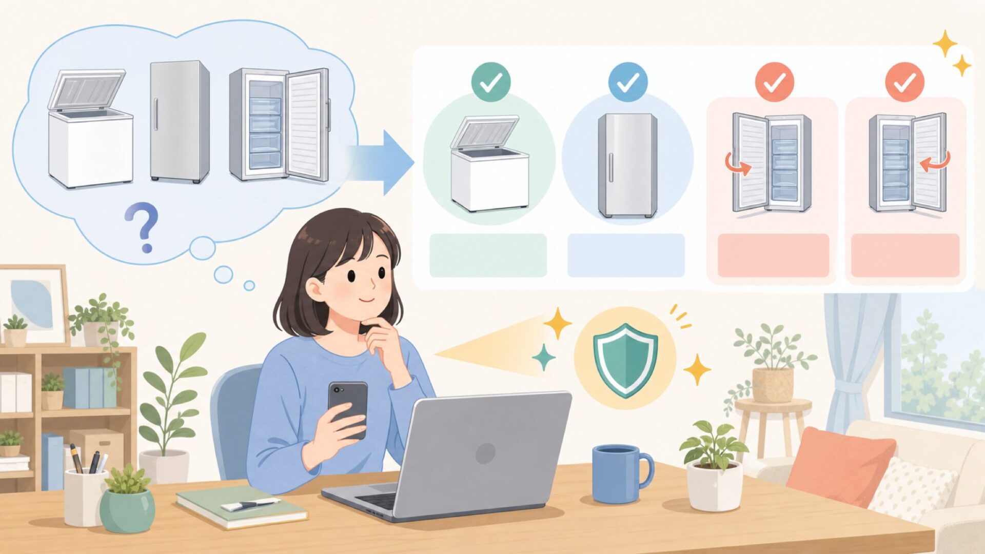 simplus冷凍庫のラインナップと特徴(66L上開き・左右開きなど)を表すイラスト