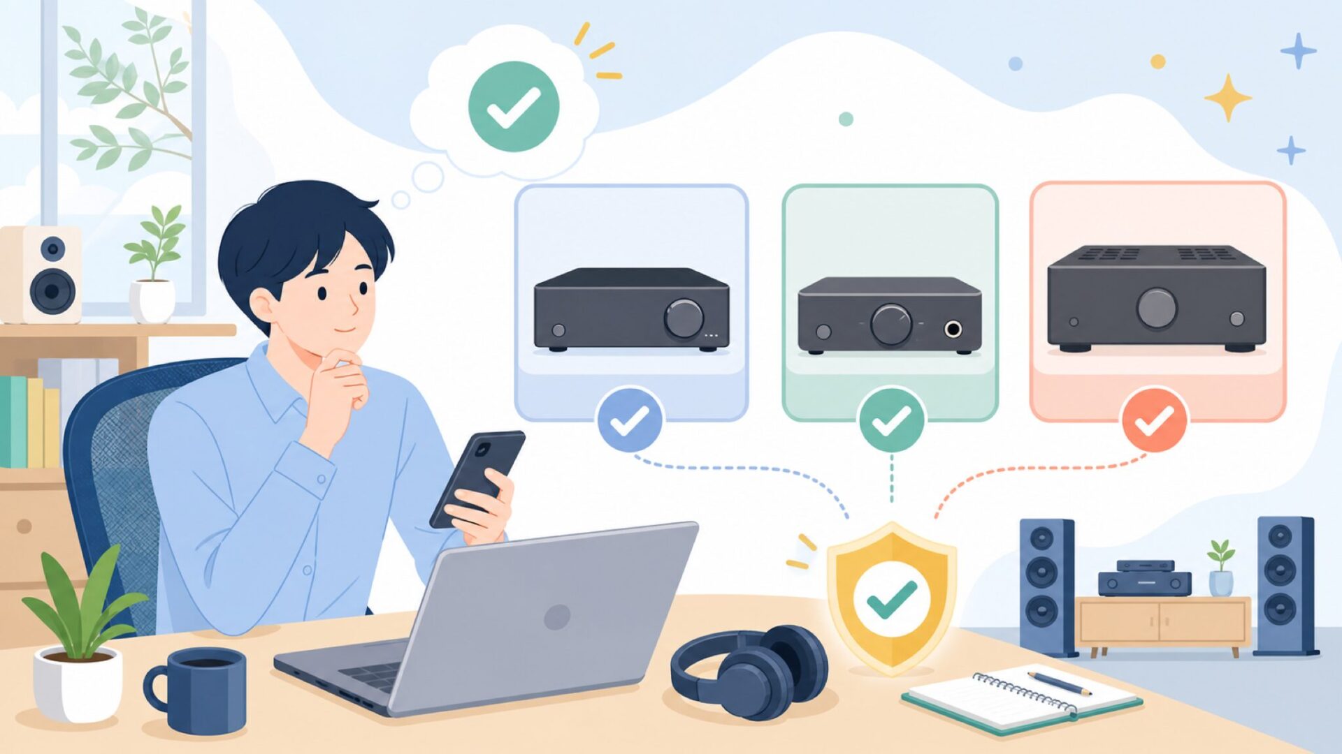 DAC・ヘッドホンアンプ・パワーアンプの製品ラインと音質へのこだわりを表すイラスト
