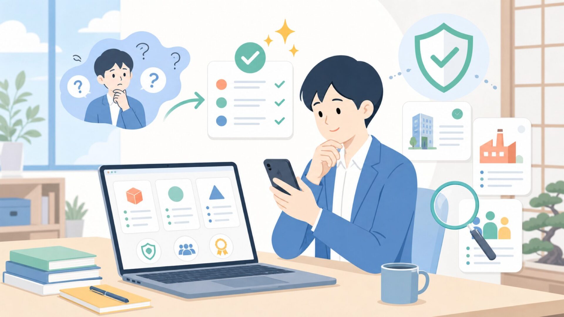 購入前に確認したい会社情報・信頼性のポイントを表すイラスト