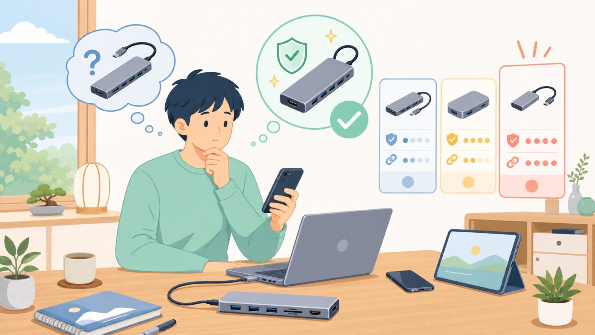 PCATEC USB-Cハブは購入して問題ないかを表すイラスト