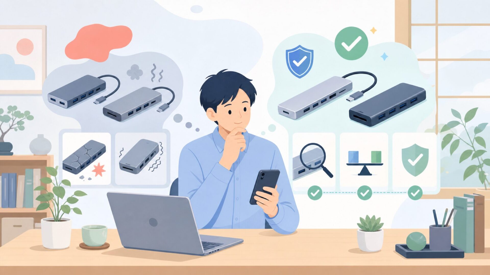 RSHTECH USBハブは信頼できる？失敗しないための見極めポイントを表すイラスト