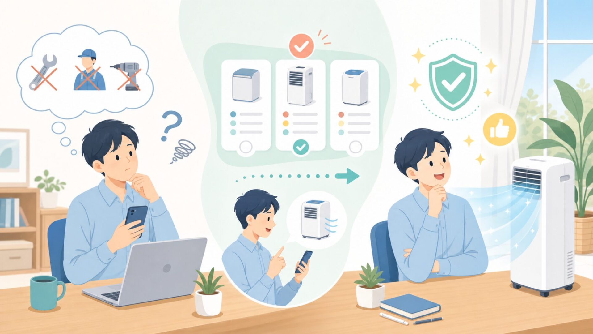 ポータブルエアコンとは?工事不要で使える冷房の仕組みを表すイラスト