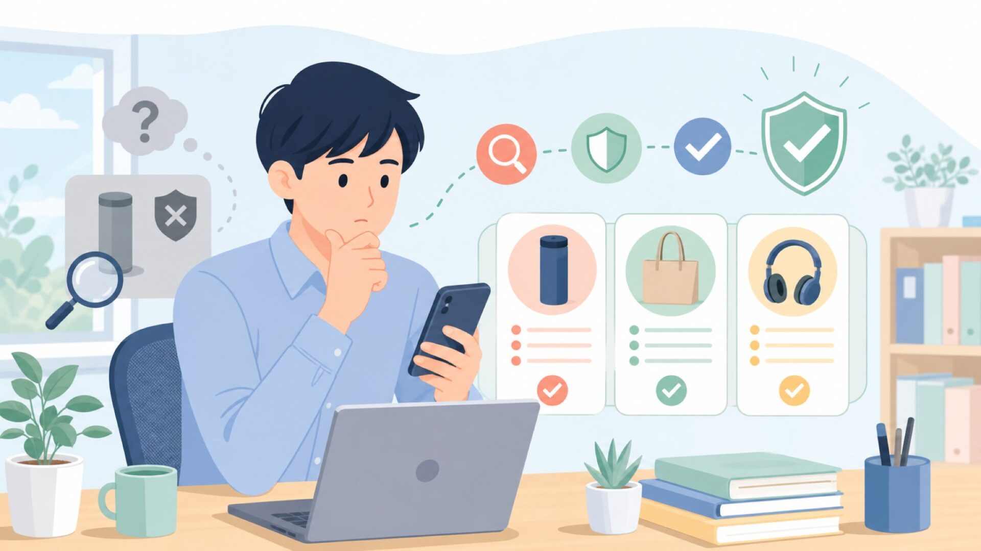 「怪しいのでは」と感じたときに確認したい信頼性のチェックポイントを表すイラスト